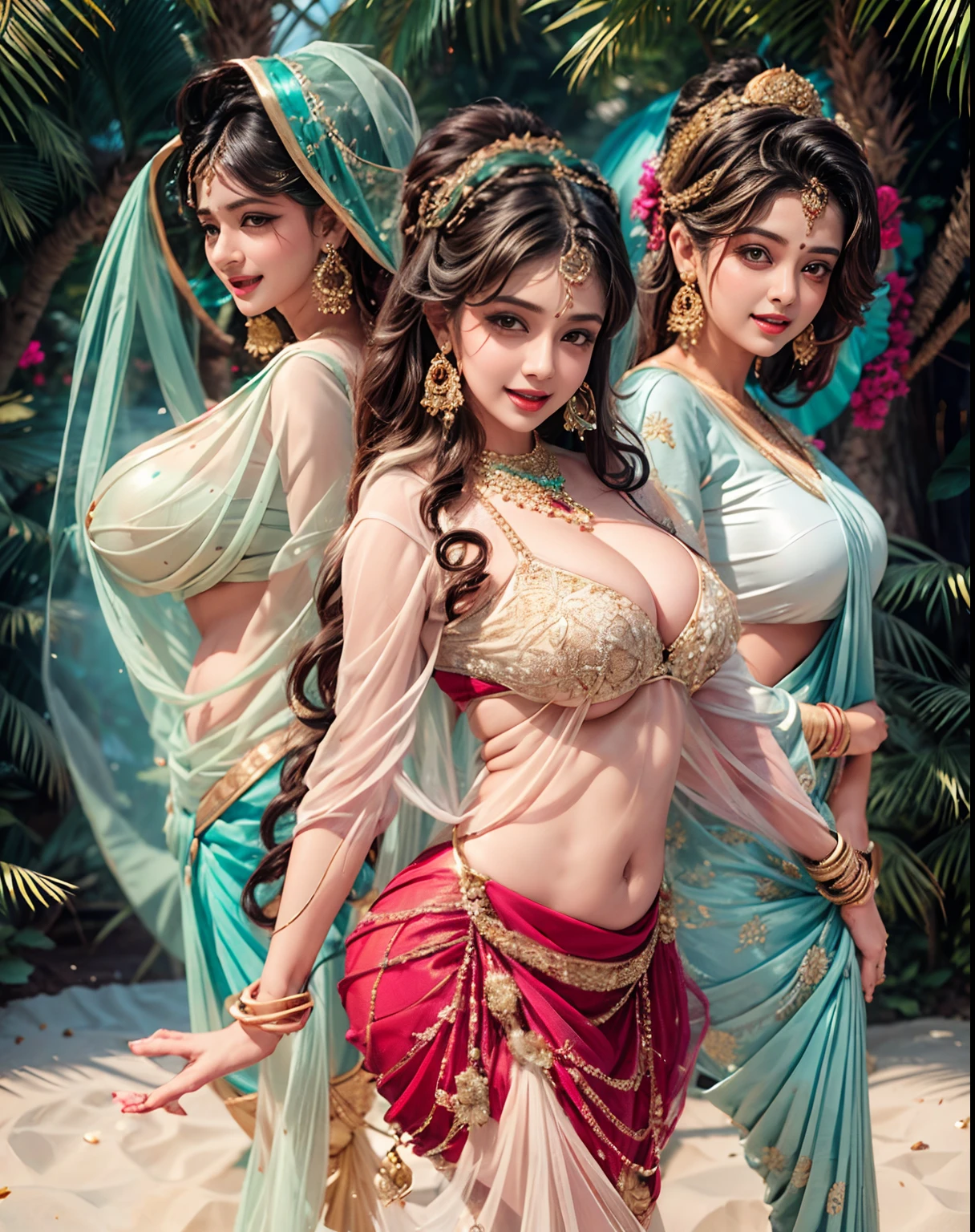 3girl,India girl,wearing saree, wearing earrings,big boobs,earring piercing in the nose,black hair,hyper realistic, ultra detail, high res,