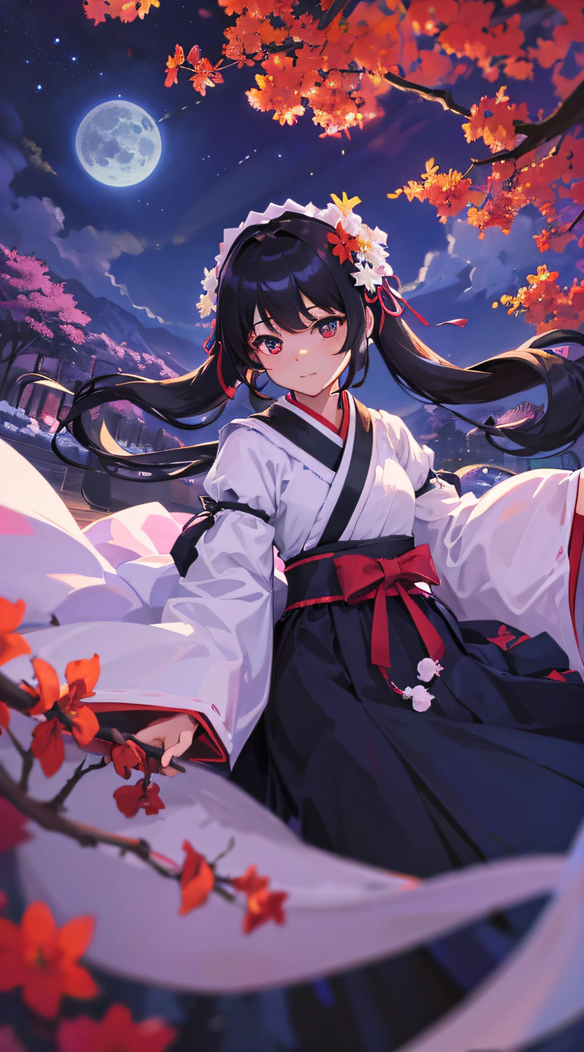 Best quality, haut_resolution, distinct_Image, detailed background ,fille, Hanbok,fleur,jardin,lune, Nuit,dutch angle, Plan large, couronne,