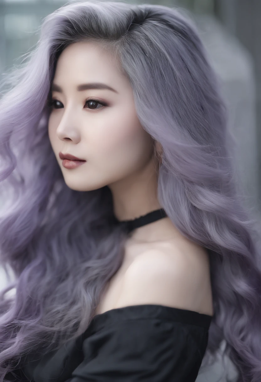 black stockings, see-through blouse, nsfw, full body, a korean woman with long purple grey hair sitting on a stool, long light purple grey hair, long wavy purple grey hair, purple grey flowing hair, long hair with pastel colors, violet long hair, lilac hair, long silver hair purple grey tips, lavender hair, long violet hair, flowing purple grey hair, long purple grey hair, purple grey long hair, gorgeous young korean woman, light gray long hair