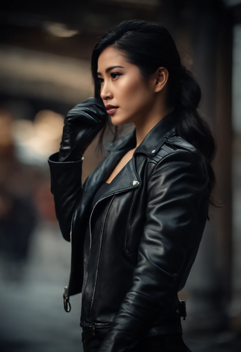 Black leather gloves, black hair ponytail, Japanese girls, black leather riders jacket, upper body