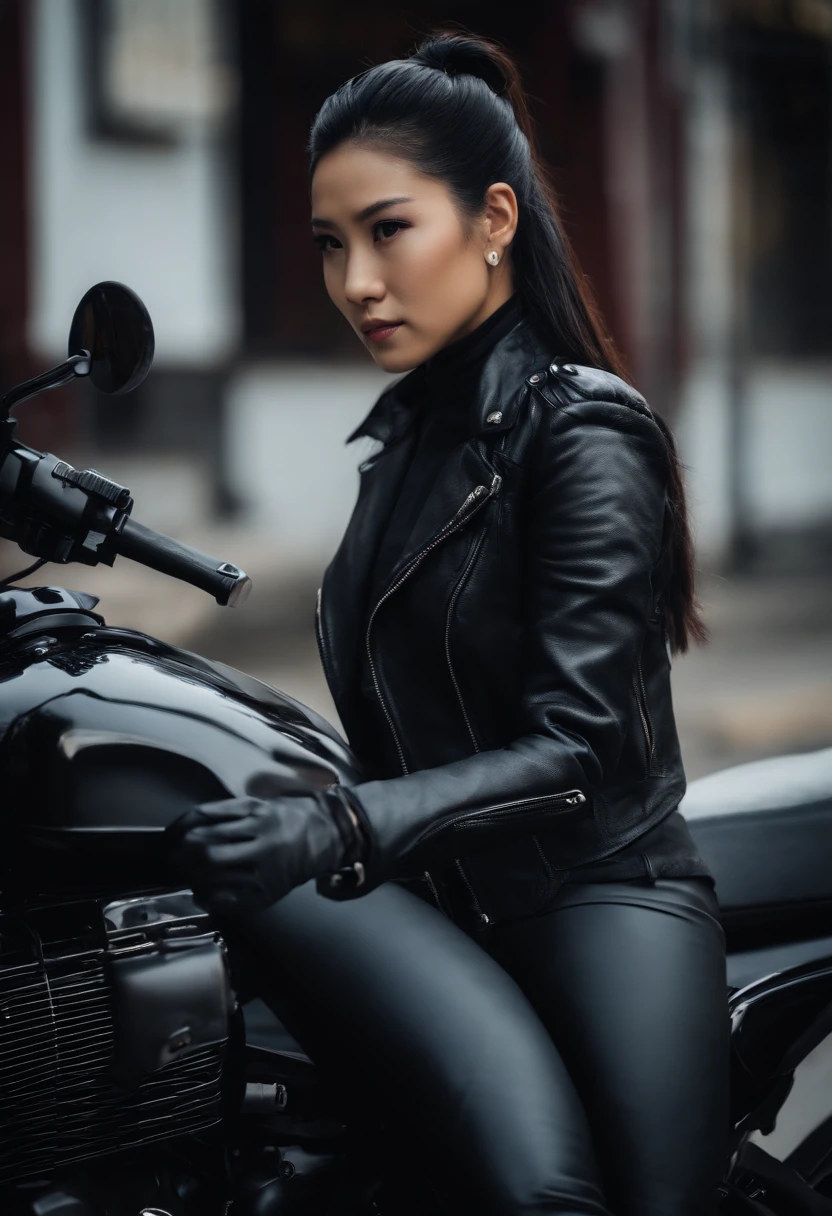 Black leather gloves, black hair ponytail, Japanese girls, black leather riders jacket, upper body