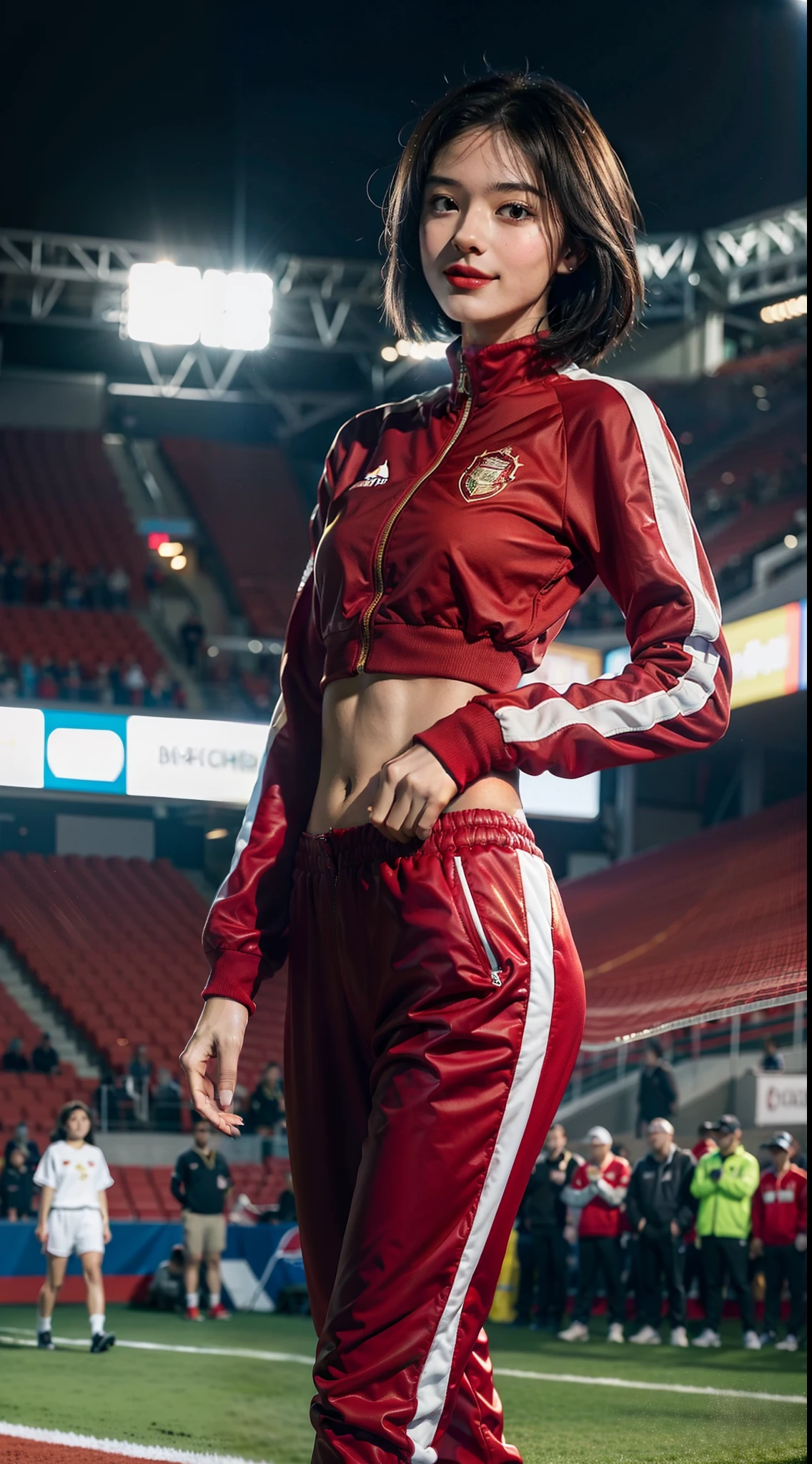 Masterpiece,Best quality,8K,A beautiful girl,athlete, Shoulder length black straight short hair, small face, small head, small breasts, flat chest, slim, thin,Detailed background,Inside large sports venues,On the field runway,Smile,cheerfulness, Walking,Red long sleeve tracksuit suit,Decorated with gold lettering, White sneakers, Upper body, Close shot,from front,The stands were packed with spectators,Opening ceremony of the major games,Night view, Bright lights