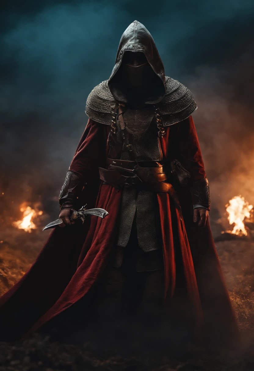Realistic, 4k, Anjos com asas grandes, roupas pretas, uma espada, Head hood on war background image (caos)