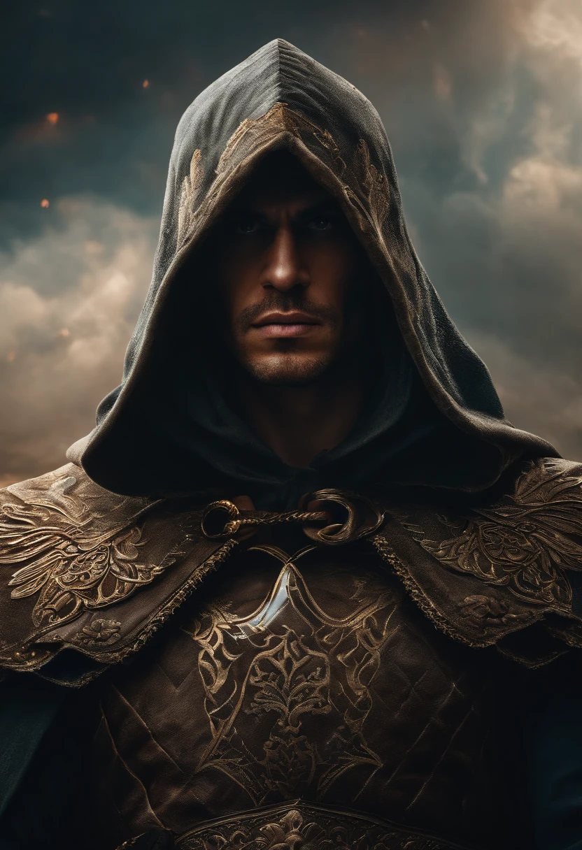 Realistic, 4k, Anjos com asas grandes, roupas pretas, uma espada, Head hood on war background image (caos)