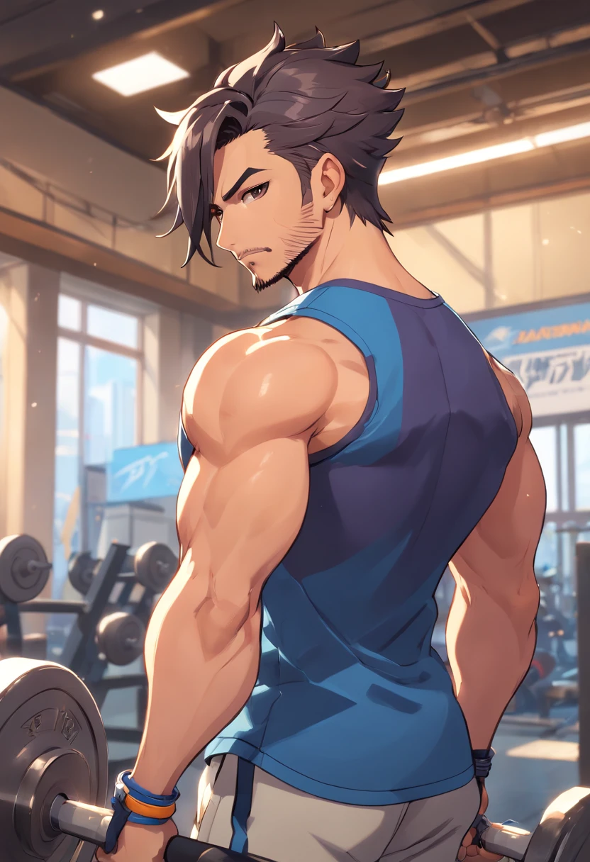 Hanzo Overwatch working out in a bodybuilding gym, well-defined muscles, focus in muscles, detailed biceps and triceps, cabelo perfeito, rosto perfeito, perfect hands, dedos perfeitos