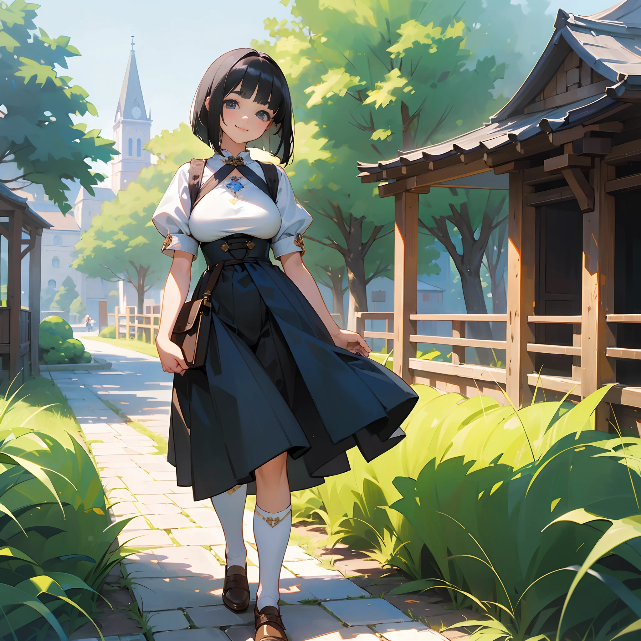 With the best image quality、Teenage girl standing alone outdoors。In high resolution、Beautiful fine details、tranquil atmosphere。((Black Hair Bob Hair))、Cute smile。(((breasts are large)))、I don't have anything in my hands、realistic hand、Medieval European national costume with short sleeves、Medieval European Streets、Leather shoes。