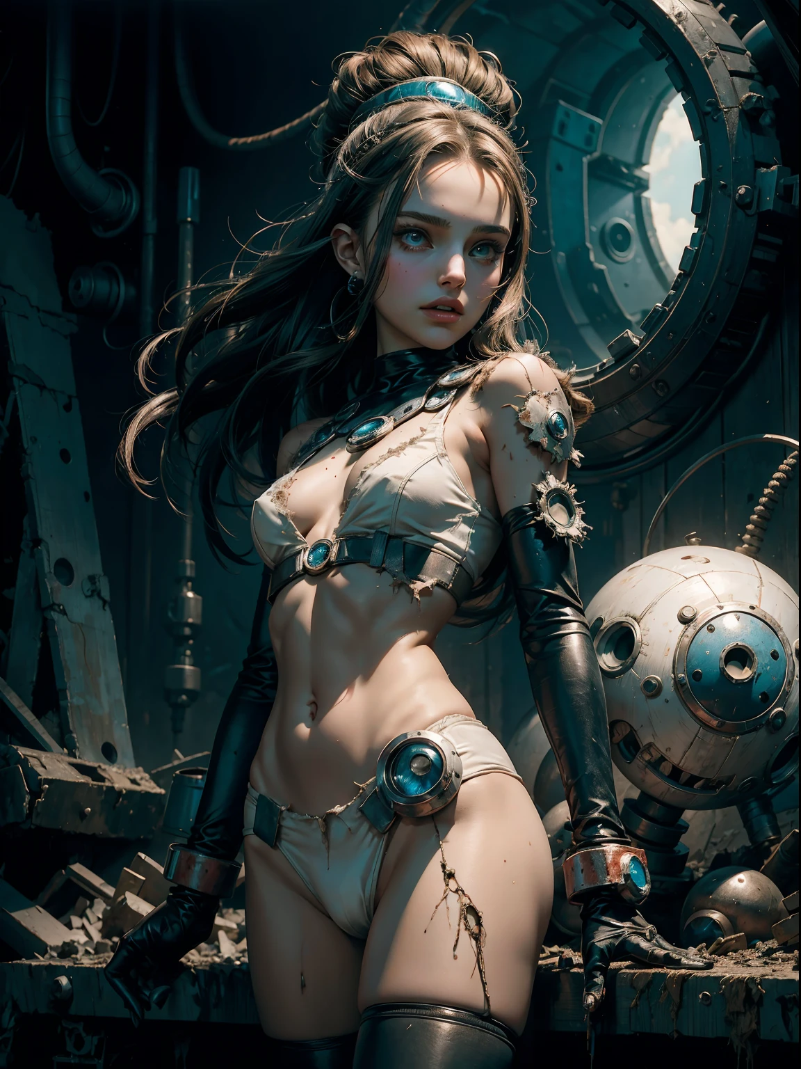 a teen Natalie Portman dressed as megaman standing as a captivating figure amidst the desolation. her physical appearance tells a story of tragic transformation and decay, evoking both fascination and a sense of unease. the teenage robot girl's once-youthful countenance is marred by the relentless grip of decay. Their her flesh, once vibrant and alive, now hangs in tattered shreds, exposing patches of decomposed muscle and bone beneath.