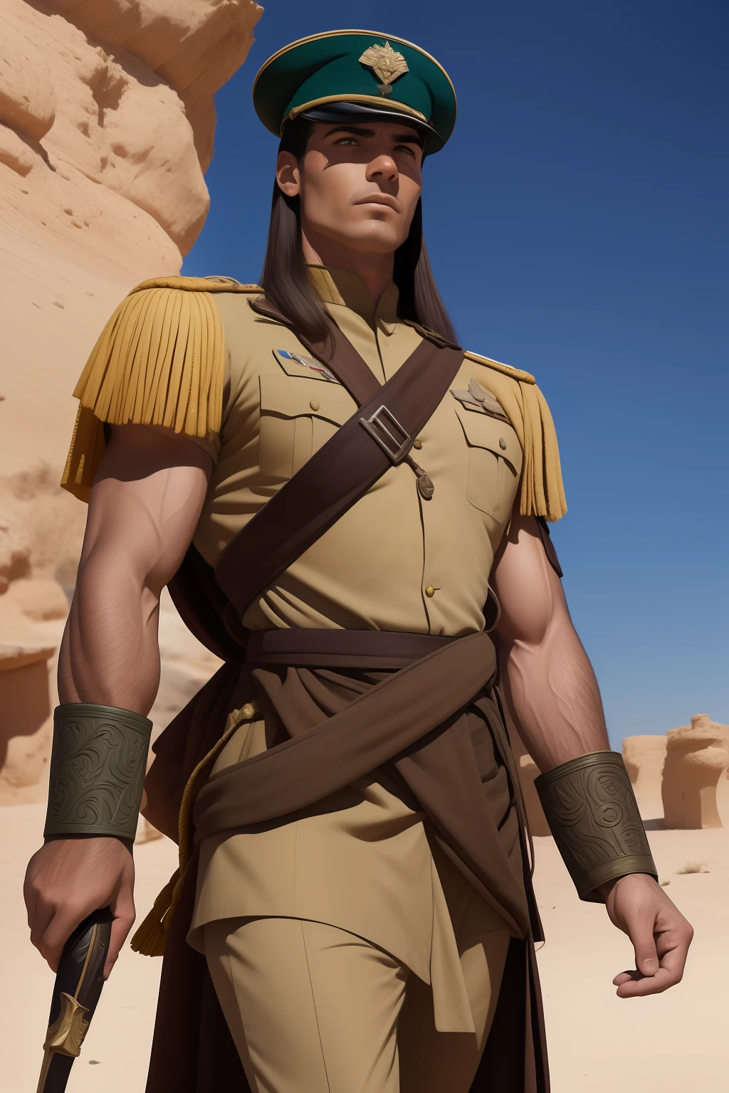 ((SFW))Arte estilo John Buscema,A closeup of a legionnaire of the Foreign Legion, wearing the military uniform of the French Legion,perdido no deserto escaldante da arabia saudita dos anos 20,corpo inteiro,, cena detalhada, cena perfeita, pingos de suor.((SFW))
