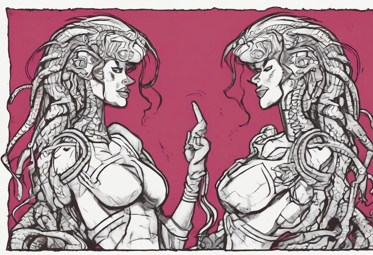(comic art style), ink on paper, character turnaround sheet, medusa, gorgon, snakefolk, woman snake hybrid, lower body snake tail. full body portrait, masterpiece, craftsmanship nuance, color pieces, sketchbook, hand drawn, dark, gritty, realistic sketch, rough sketch, mix of dark bold lines and loose lines, bold lines, on paper, twisted character sheet, comics of the 1990's, harsh ink lines, expressive ink techniques, distinctive line work, precise harsh strokes, dynamic expressive linework)