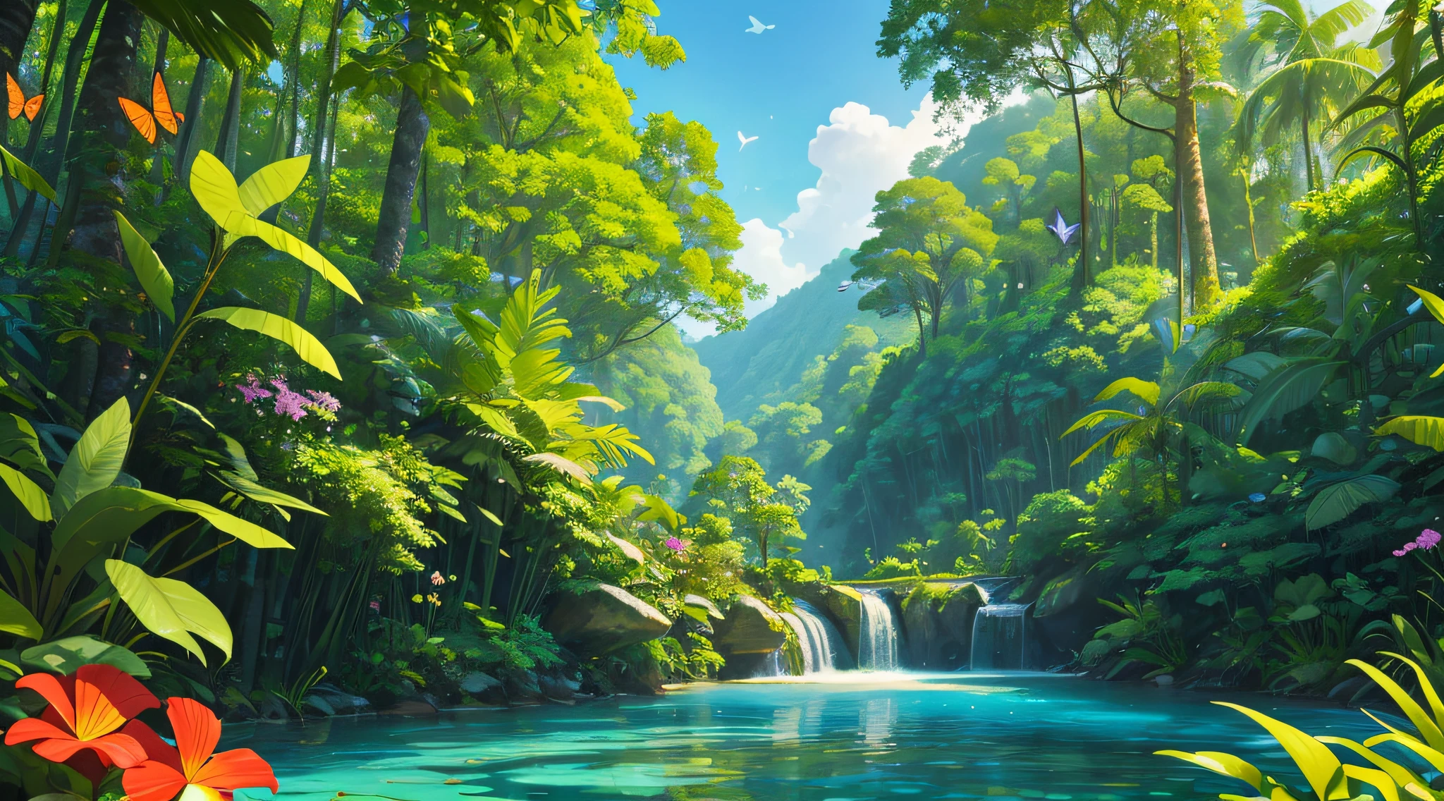 breathtaking landscape tropical forest scenery, with tall trees, birds, butterflies, flowers and a calm stream under the blue sky.