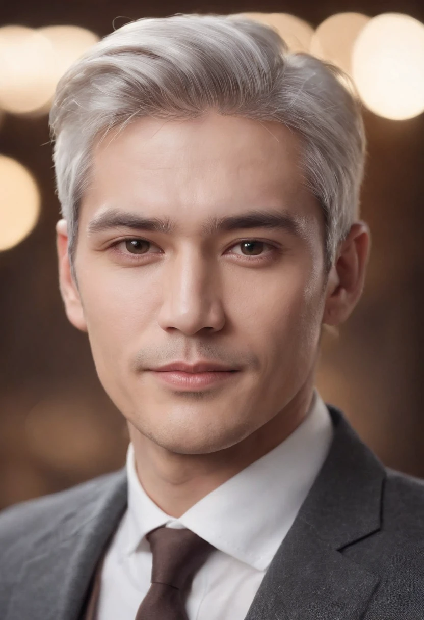 top-quality、​masterpiece、Portrait of handsome man 30 years old round face cinematic appearance、Silver hair、Brown jacket、White button-down shirt、kindly smile、Photography, Male perfection,  Black eyes, Hyper realistic, 8K - V 4、50-year-old dandy gentleman、Gentle eyes、Gray hair、Looking at the camera、
