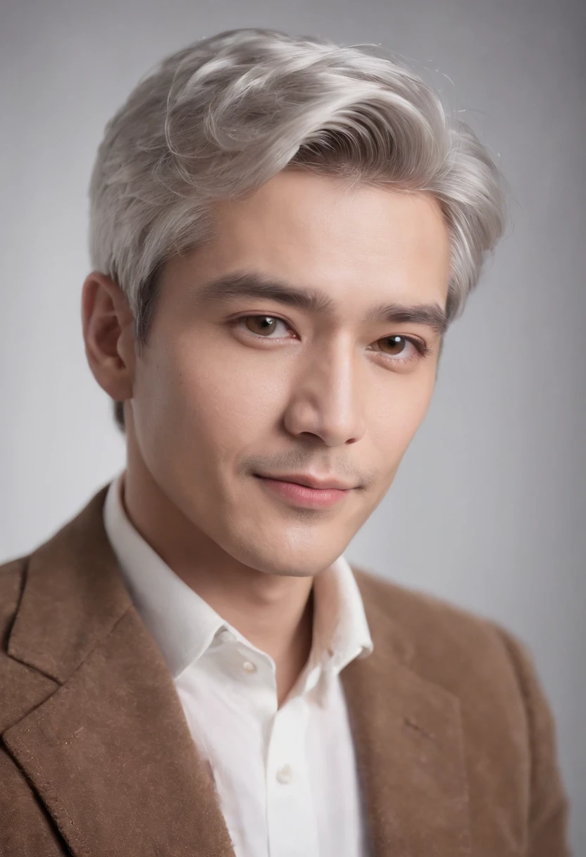 top-quality、masterpiece、Portrait of handsome man 30 years old round face cinematic appearance、Silver hair、Brown jacket、White button-down shirt、kindly smile、Photography, Male perfection, Black eyes, Hyper realistic, 8K - V 4、50-year-old dandy gentleman、Gentle eyes、Gray hair、Looking at the camera、