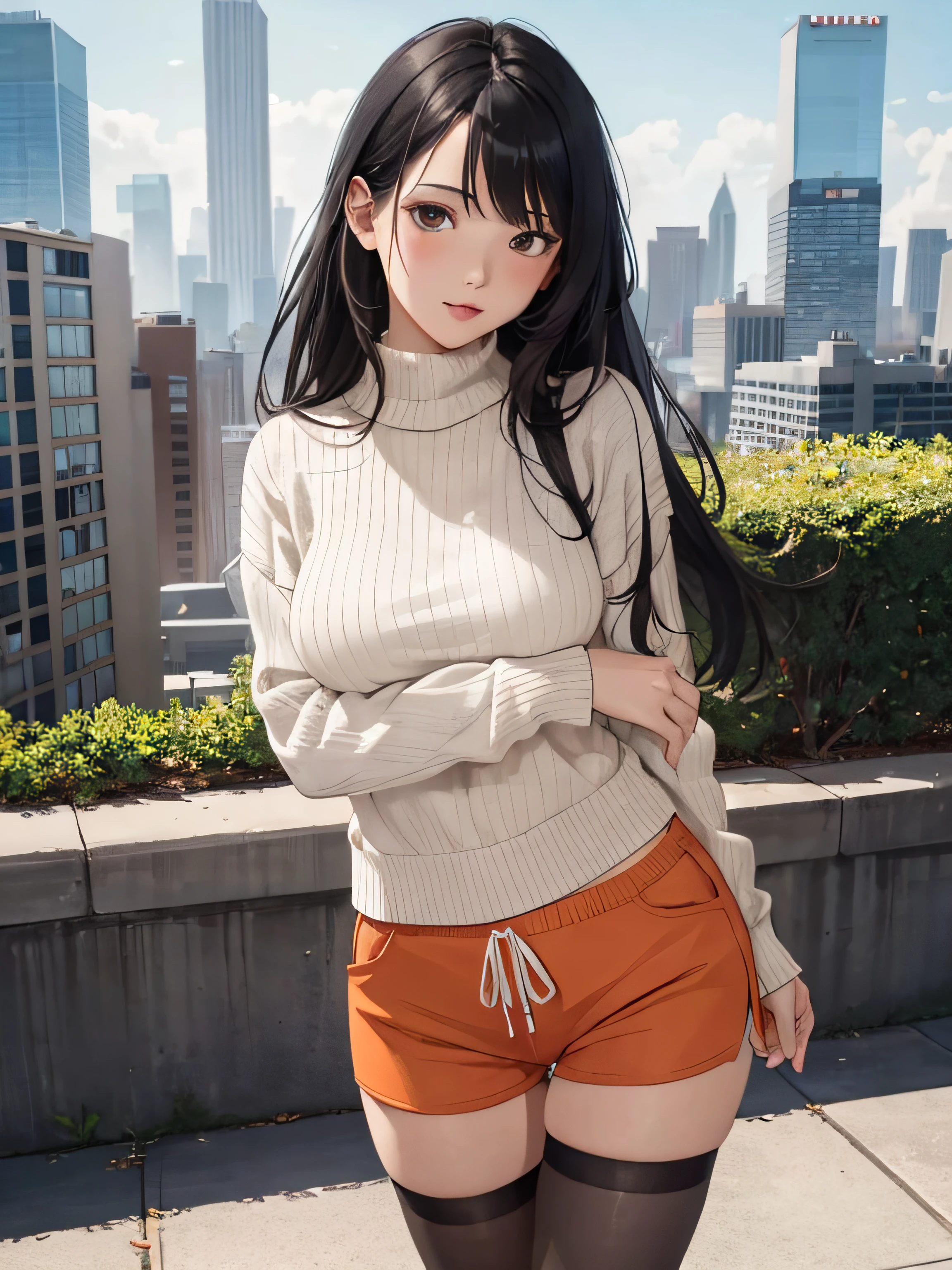 a girl with low-cut V-opening sweater, medium breasts, orange shorts, long stockings, flirtatious look, very well detailed, cityscape or academy, long black hair, photorealistic image.