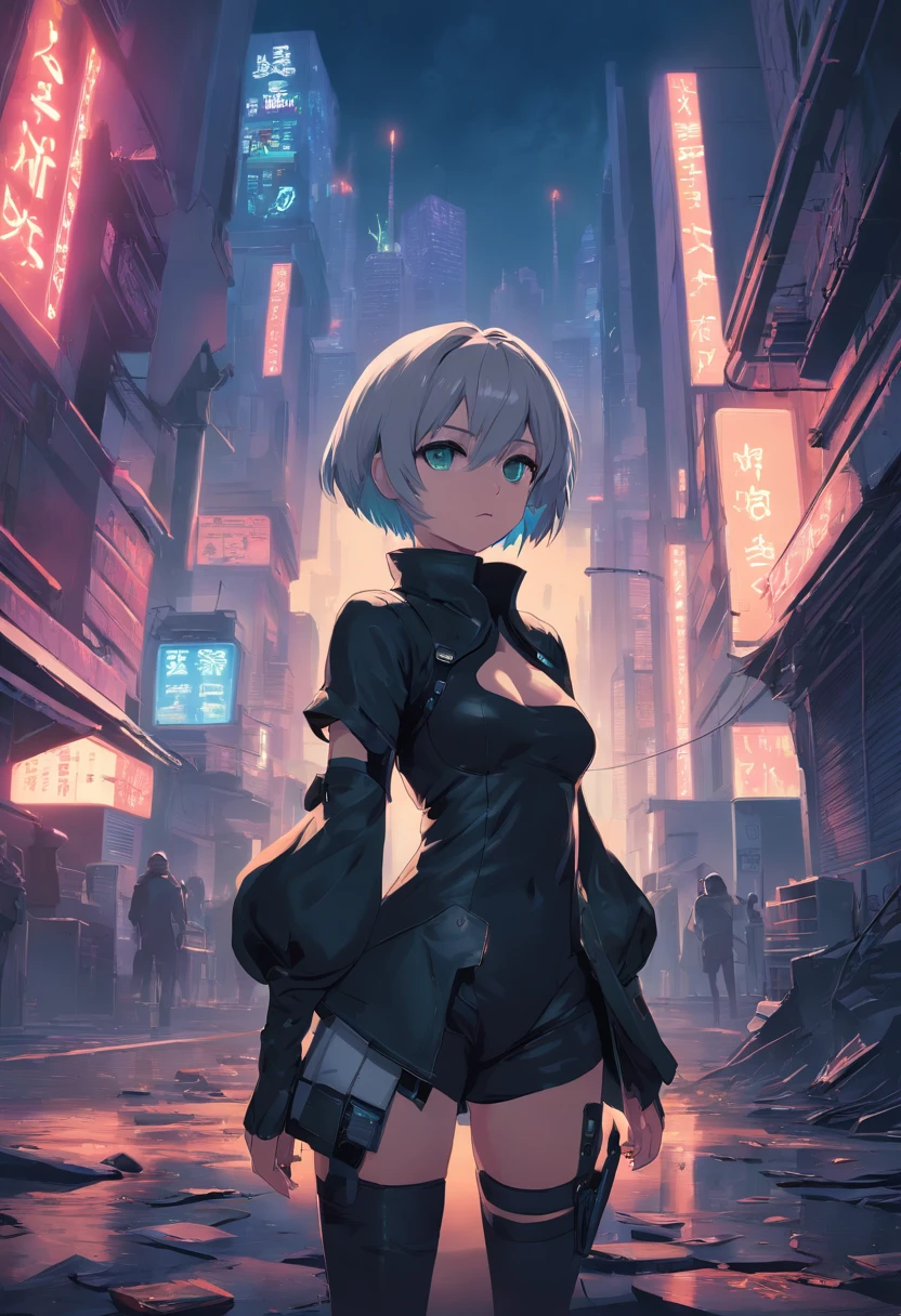Detailed, 1 female, high angle, MHA, Mirko, short white hair, undercut hair, bright red eyes, big smile, angry smile, intense face, muscular quads, purple thigh highs, harness, upgraded suit, gust of wind, futuristic city background, neon city, detailed background, vascular legs, dynamic pose, cinematic lighting, sunset,