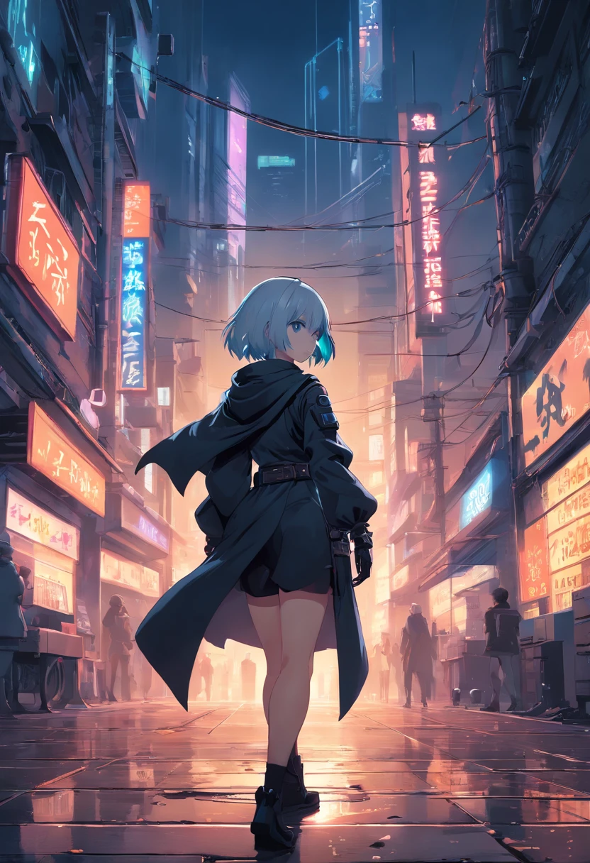 A detailed depiction of 2B from Nier Automata, featuring her beautiful detailed eyes, lips and face, long eyelashes, as well as her elegant appearance, fierce yet mysterious expression, and sleek black outfit. The scene is set in a futuristic dystopian environment, with ruined buildings and debris scattered around, giving a post-apocalyptic feel. The lighting is dramatic, with deep shadows and vibrant neon lights illuminating the scene. The image quality is of the highest standard, with ultra-detailed textures and realistic rendering, showcasing every intricate detail of 2B's appearance. The color palette is predominantly dark, with a blend of cool shades to enhance the cyberpunk aesthetic. The art style is reminiscent of concept art, capturing the essence of the game's unique atmosphere and style.