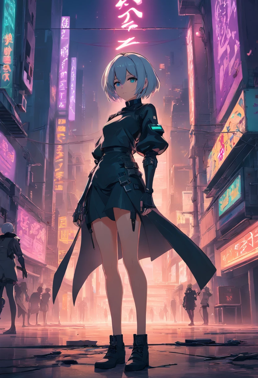 A detailed depiction of 2B from Nier Automata, featuring her beautiful detailed eyes, lips and face, long eyelashes, as well as her elegant appearance, fierce yet mysterious expression, and sleek black outfit. The scene is set in a futuristic dystopian environment, with ruined buildings and debris scattered around, giving a post-apocalyptic feel. The lighting is dramatic, with deep shadows and vibrant neon lights illuminating the scene. The image quality is of the highest standard, with ultra-detailed textures and realistic rendering, showcasing every intricate detail of 2B's appearance. The color palette is predominantly dark, with a blend of cool shades to enhance the cyberpunk aesthetic. The art style is reminiscent of concept art, capturing the essence of the game's unique atmosphere and style.