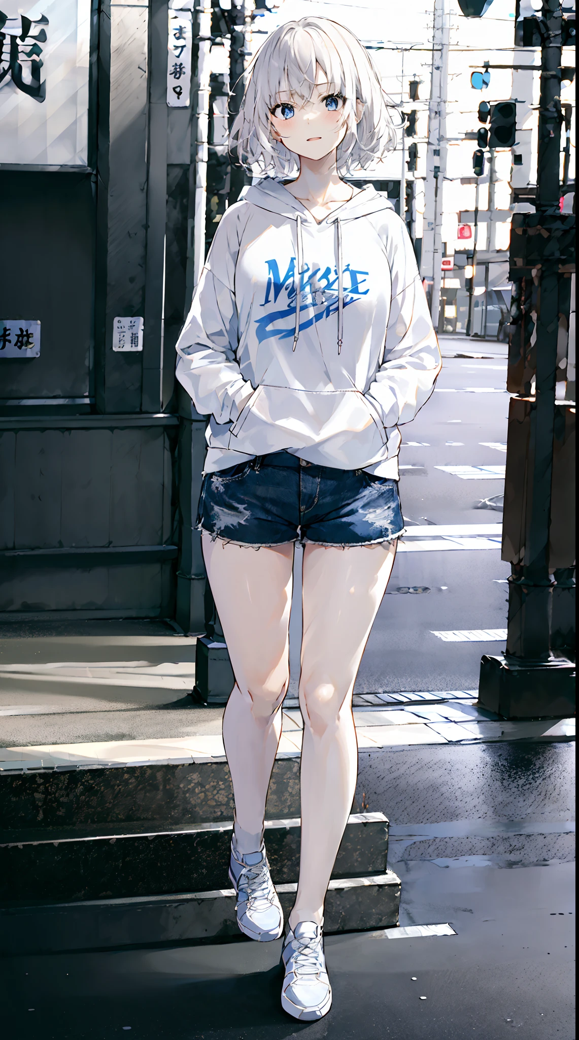 Masterpiece1.2),best quality))),1 girl , adult, messy hair,short hair,white hair,wolfcut,blue eyes,white Hoodie,shorts , , top half body portrait,dynamic pose ,tokyo city, night, beautiful light, high environmental detail