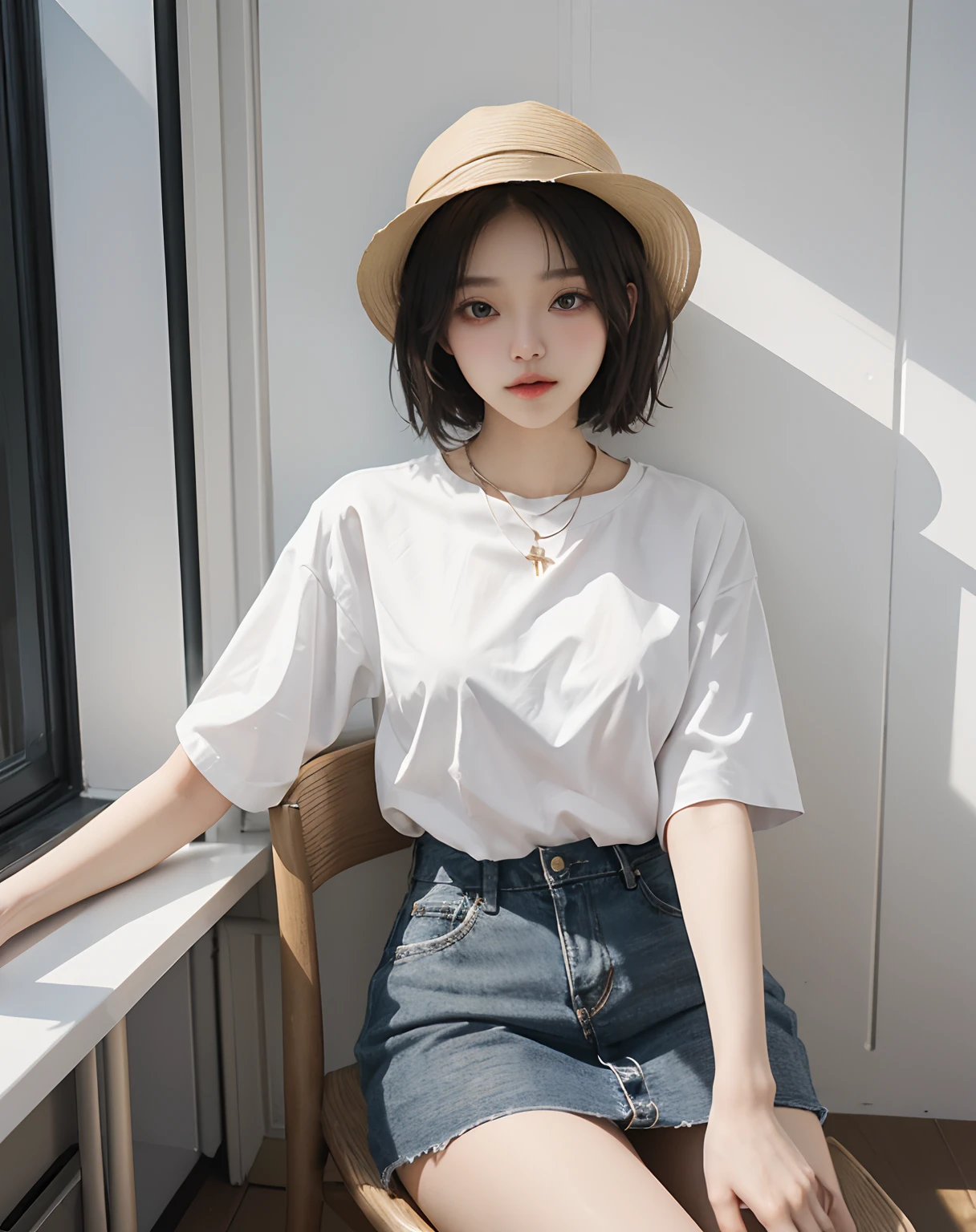 Summer barbecue、Woman sitting on chair wearing hat, fine white shirt, wearing a white button up shirt, in a white shirt, in a white shirt, Wearing a white shirt, wearing in shirt, Wearing a light shirt, digital art of an elegant, Wearing a blouse, wearing elegant casual clothes, Wearing a white blouse, White shirt、Denim miniskirt、Small bust、short-hair、a necklace、耳Nipple Ring