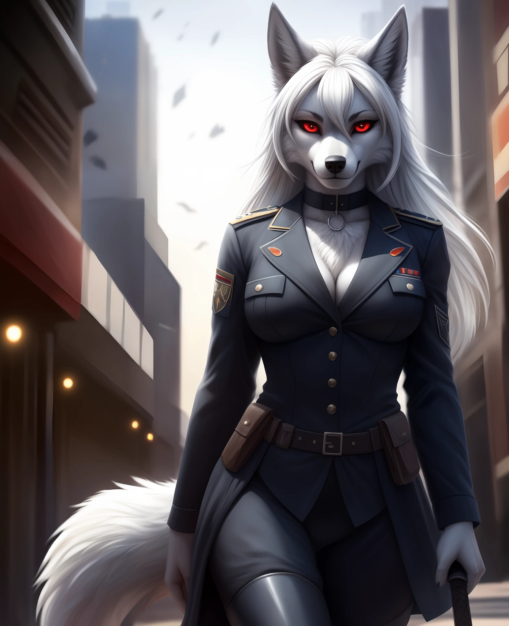 (masterpiece, best quality),altair, furry, furry female, 1girl, red eyes, animal_ears, canid, wolf, green choker, sketch, detailed fur skin, black military dress, sharp focus, fluffy, urban background,, uniform, dual tone fur, HDR, NSFW, black animal nose , ull body solo, tail, white hair, wolf_ears , 8k, (ultra realistic photograph, RAW photograph, anthro furry:1.3), furry, furry female, 1girl, red eyes, animal_ears, electricity, glowing, hair_over_one_eye, looking_at_viewer, black and white fur, sword