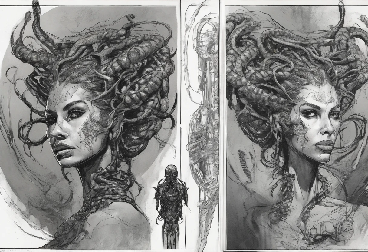 (comic art style), ink on paper, character turnaround sheet, medusa, gorgon, snakefolk, woman snake hybrid, lower body snake tail. full body portrait, masterpiece, craftsmanship nuance, color pieces, sketchbook, hand drawn, dark, gritty, realistic sketch, rough sketch, mix of dark bold lines and loose lines, bold lines, on paper, twisted character sheet, comics of the 1990's, harsh ink lines, expressive ink techniques, distinctive line work, precise harsh strokes, dynamic expressive linework)