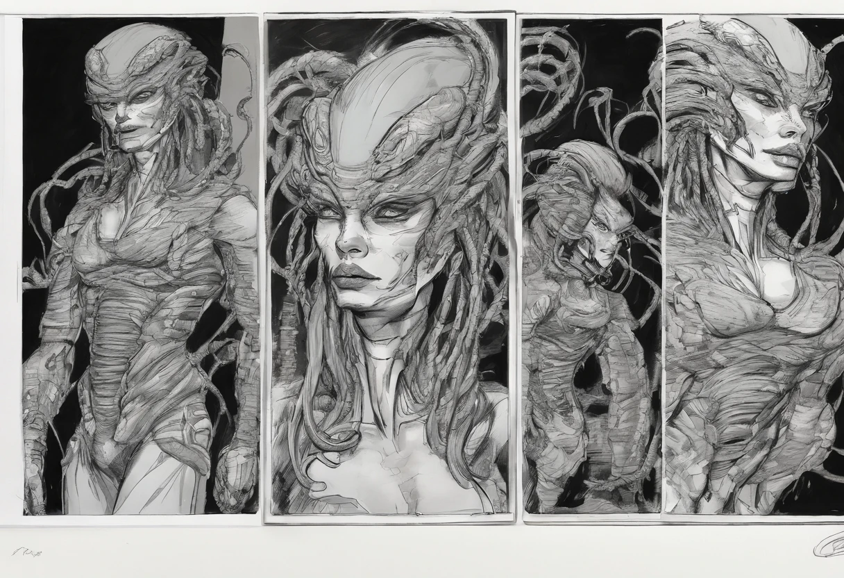 (comic art style), ink on paper, character turnaround sheet, medusa, gorgon, snakefolk, woman snake hybrid, lower body snake tail. full body portrait, masterpiece, craftsmanship nuance, color pieces, sketchbook, hand drawn, dark, gritty, realistic sketch, rough sketch, mix of dark bold lines and loose lines, bold lines, on paper, twisted character sheet, comics of the 1990's, harsh ink lines, expressive ink techniques, distinctive line work, precise harsh strokes, dynamic expressive linework)
