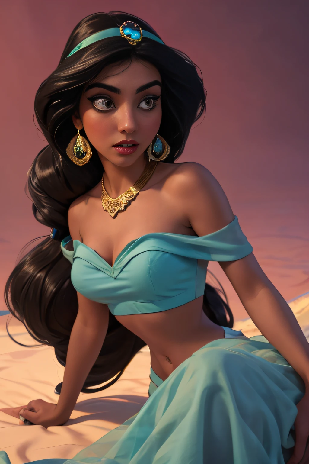 (Masterpiece, Best Quality, Highres:1.2), Detailed, Intricate Details, 4K, 1Girl, (Solo:1.2), jasmine, long hair, breasts, black hair, navel, cleavage, bare shoulders, brown eyes, jewelry, earrings, midriff, dark skin, necklace, off shoulder, blurry, dark-skinned female, crop top, blue shirt, circlet, off-shoulder shirt, arabian clothes, looking at viewer outdoors,, Princess Jasmine's Sitting cross-legged on the Magic Carpet, The Magic Carpet flying ascending into the twilight skies, the city of Baghdad stretches out below them like a sprawling tapestry.  background city of Bagdad, sunset, golden hour,