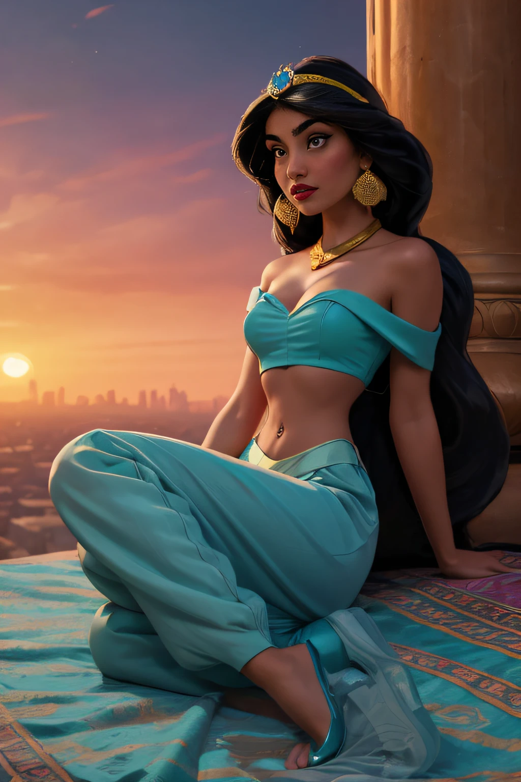 (Masterpiece, Best Quality, Highres:1.2), Detailed, Intricate Details, 4K, 1Girl, (Solo:1.2), jasmine, long hair, breasts, black hair, navel, cleavage, bare shoulders, brown eyes, jewelry, earrings, midriff, dark skin, necklace, off shoulder, blurry, dark-skinned female, crop top, blue shirt, circlet, off-shoulder shirt, arabian clothes, looking at viewer outdoors,, Princess Jasmine's Sitting cross-legged on the Magic Carpet, The Magic Carpet flying ascending into the twilight skies, the city of Baghdad stretches out below them like a sprawling tapestry.  background city of Bagdad, sunset, golden hour,