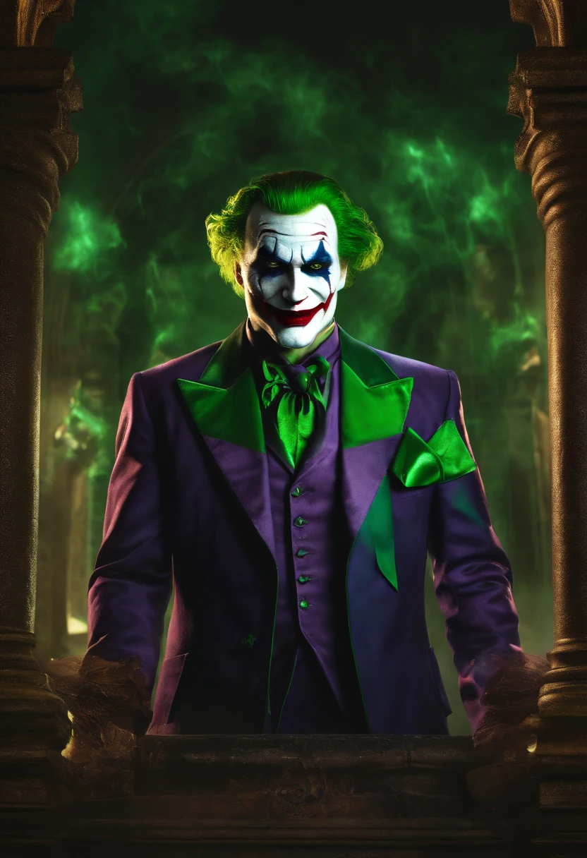 The Dark Joker with Green Evil Light eyes and lighting green thunder Dc , scary, Classic Academia, Flexography, ultra wide-angle, Game engine rendering, Grainy, Collage, analogous colors, Meatcore, infrared lighting, Super detailed, photorealistic, food photography, Cycles render, 4k