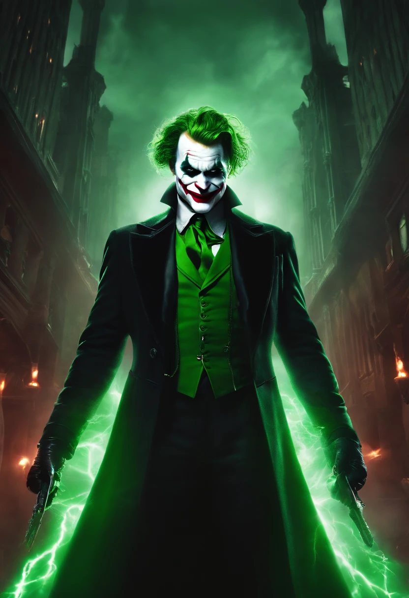 The Dark Joker with Green Evil Light eyes and lighting green thunder Dc , scary, Classic Academia, Flexography, ultra wide-angle, Game engine rendering, Grainy, Collage, analogous colors, Meatcore, infrared lighting, Super detailed, photorealistic, food photography, Cycles render, 4k
