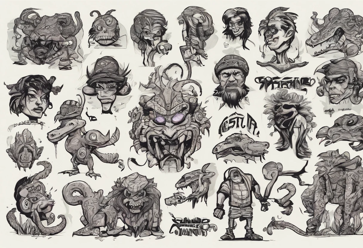 (comic art style), ink on paper, character turnaround sheet, medusa, gorgon, snakefolk, woman snake hybrid, lower body snake tail. full body portrait, masterpiece, craftsmanship nuance, color pieces, sketchbook, hand drawn, dark, gritty, realistic sketch, rough sketch, mix of dark bold lines and loose lines, bold lines, on paper, twisted character sheet, comics of the 1990's, harsh ink lines, expressive ink techniques, distinctive line work, precise harsh strokes, dynamic expressive linework)