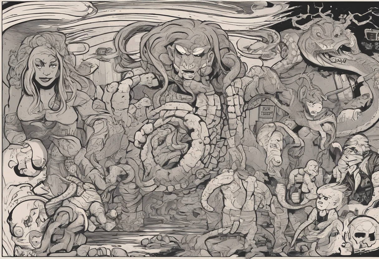 (comic art style), ink on paper, character turnaround sheet, medusa, gorgon, snakefolk, woman snake hybrid, lower body snake tail. full body portrait, masterpiece, craftsmanship nuance, color pieces, sketchbook, hand drawn, dark, gritty, realistic sketch, rough sketch, mix of dark bold lines and loose lines, bold lines, on paper, twisted character sheet, comics of the 1990's, harsh ink lines, expressive ink techniques, distinctive line work, precise harsh strokes, dynamic expressive linework)