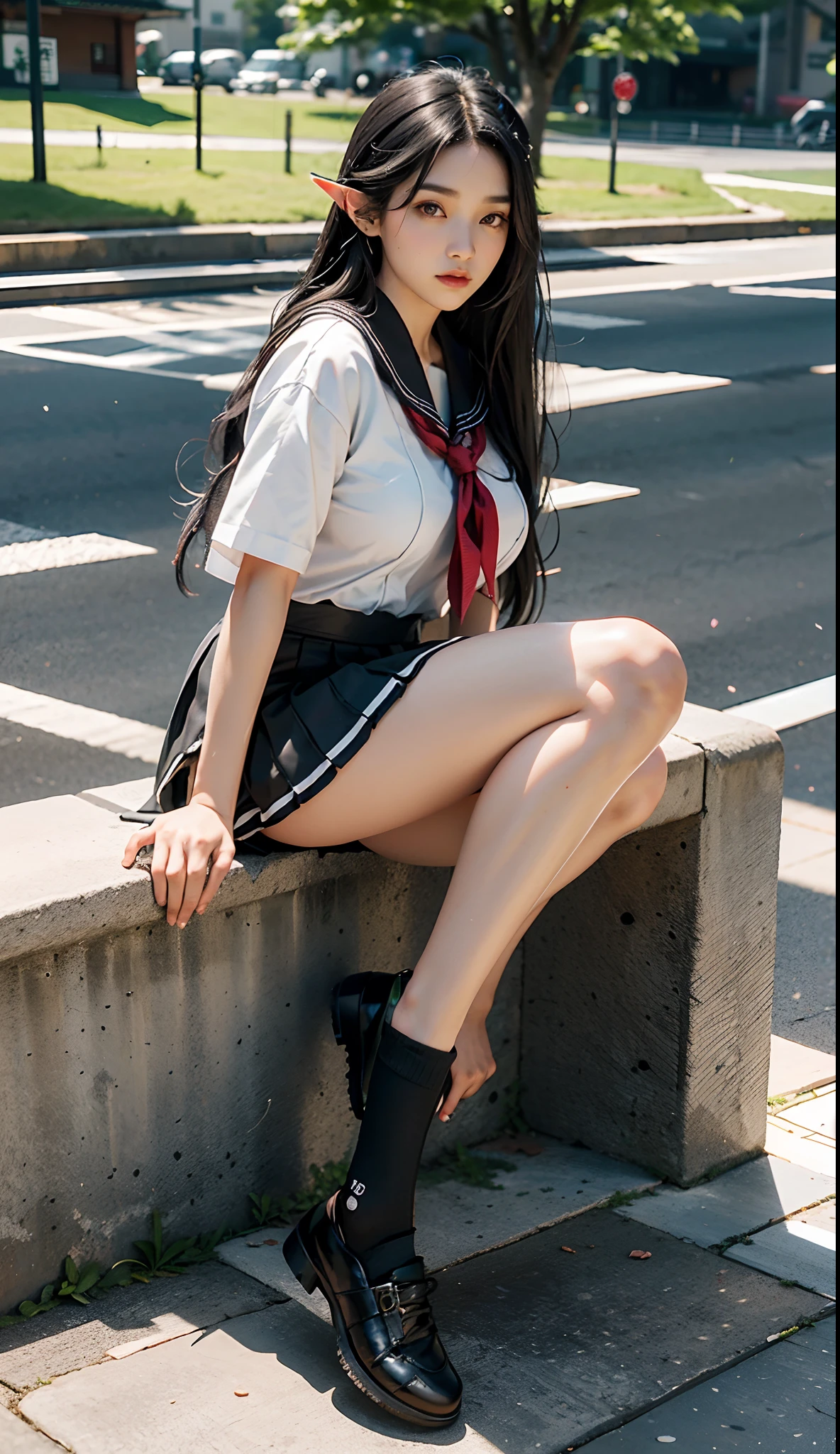 (Japanese-style school，the cherry trees：1 Elf beauty，standing on your feet，a sailor suit）， tmasterpiece， best qualtiy， RAW photogr，Meticulous facial portrayal，realisticlying， Incredibly Ridiculous res，Elf long ears， ear studs，hair pin， (Long flowing silver-black hair：1.9)，eye shadows，(a sailor suit)，eardrop，foot ring，short  skirt，(Black sport socks)（Black half-knee socks)，（Black sport socks），(Low-heeled leather shoes)，two longer legs，depth of fields， A high resolution， ultra - detailed， filigree， RAWE is very detailed， very detailed eyes and faces， Sharp pupils， realistic pupil， tack sharp focus， cinmatic lighting，full bodyesbian，Bigboobs，long leges，From the front side，dynamicposes，Normal posture，closeup of face