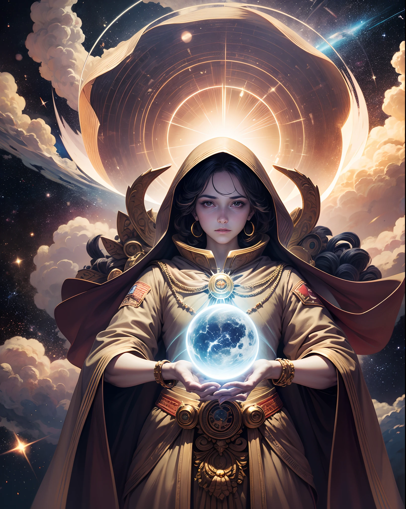 a supreme being, appearing gigantic in space, holding two suns, one in each hand, looking at the observer --auto --s2