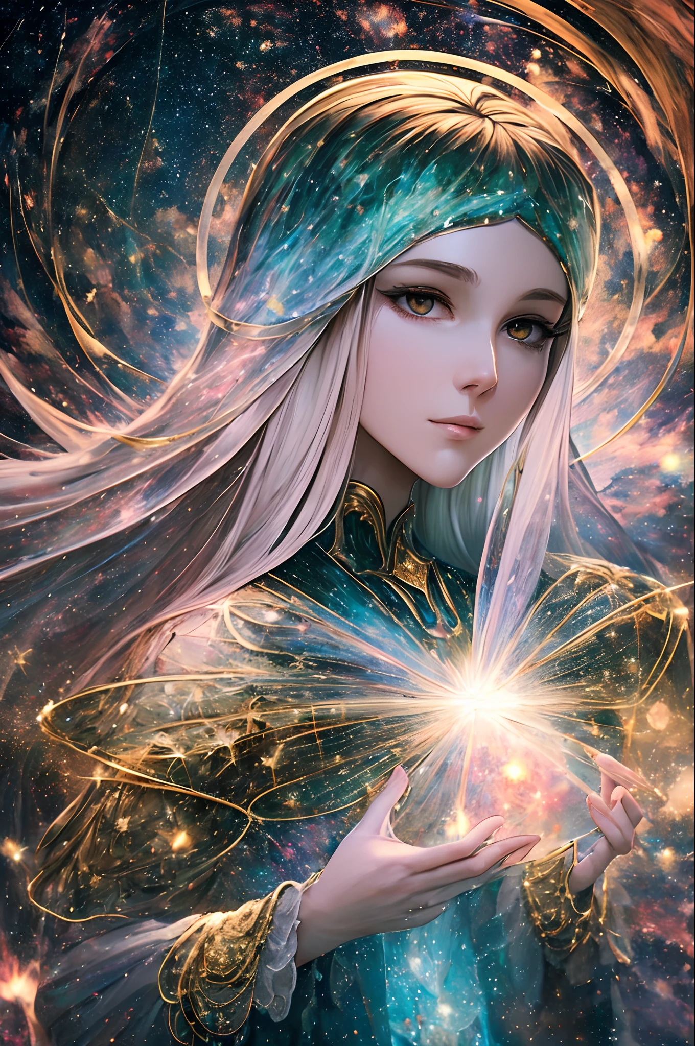 A supreme being,gigantic in space,holding two suns in each hand,looking at the observer,divinely featured face, majestic and striking presence,shining aura of power and wisdom,celestial entity with awe-inspiring presence,luminous and radiant,divine energy flowing through its body,cosmic entity surrounded by stars and galaxies,magnificent celestial figure floating in space,enveloped in a halo of light,illuminating the darkness of the universe,transcendent being with infinite knowledge and wisdom,mysterious and alluring cosmic being,glowing with an ethereal light,transmitting a sense of tranquility and serenity,commanding the celestial bodies with ease and grace,infinite power emanating from its form,omniscient gaze revealing the secrets of the universe,transcending time and space,mesmerizing presence that captivates the observer's attention,profound aura exuding an aura of peace and tranquility,an encounter with the divine and otherworldly,an overwhelming sense of reverence and wonder. --auto --s2