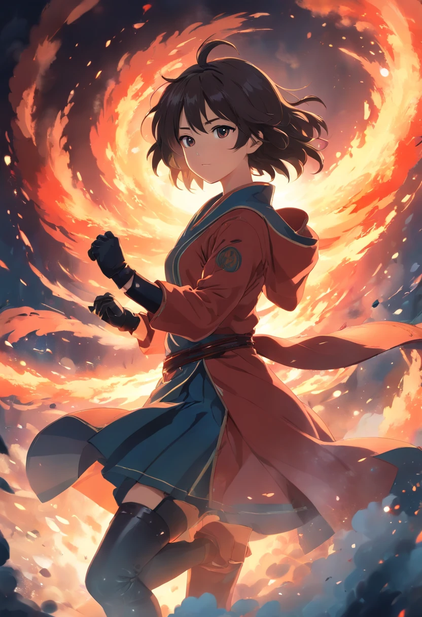 (best quality,4k,8k,highres,masterpiece:1.2),ultra-detailed,physically-based rendering,professional,vivid colors,bokeh,dark and moody lighting,concept artist,portrait,anime,painted with oil,soft brush strokes,delicate features,long flowing hair,expressive eyes,strong and determined expression,leather gloves and boots,detailed costume,standing in a dramatic pose,surrounded by swirling smoke and fire,epic battle scene,striking red and black color scheme