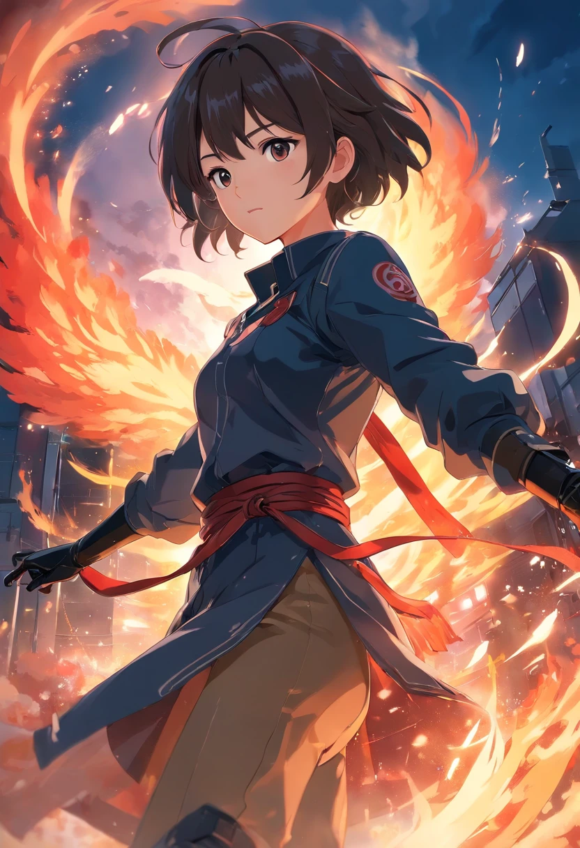 (best quality,4k,8k,highres,masterpiece:1.2),ultra-detailed,physically-based rendering,professional,vivid colors,bokeh,dark and moody lighting,concept artist,portrait,anime,painted with oil,soft brush strokes,delicate features,long flowing hair,expressive eyes,strong and determined expression,leather gloves and boots,detailed costume,standing in a dramatic pose,surrounded by swirling smoke and fire,epic battle scene,striking red and black color scheme