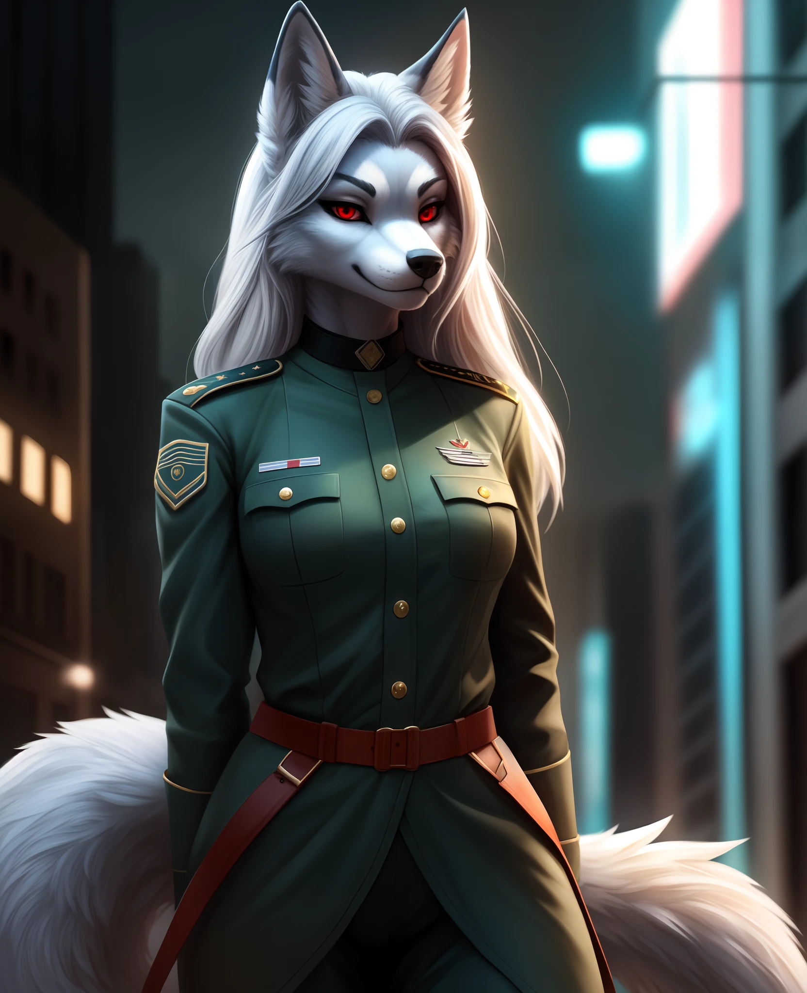 (masterpiece, best quality),altair, furry, furry female, 1girl, red eyes, animal_ears, canid, wolf, green choker, sketch, detailed fur skin, black military dress, sharp focus, fluffy, urban background,, uniform, dual tone fur, HDR, NSFW, black animal nose , ull body solo, tail, white hair, wolf_ears , 8k, (ultra realistic photograph, RAW photograph, anthro furry:1.3), furry, furry female, 1girl, red eyes, animal_ears, electricity, glowing, green_background, hair_over_one_eye, looking_at_viewer,