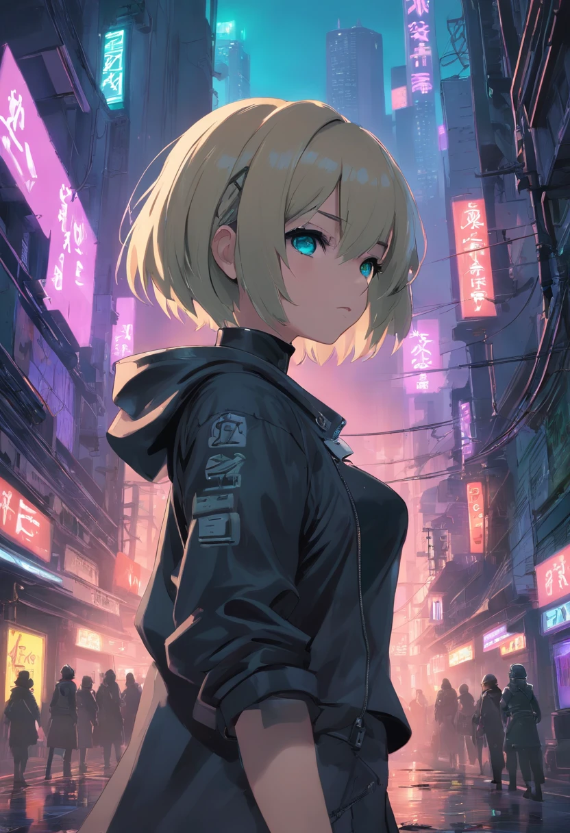 A detailed representation of Nier Automata's 2B, com seus belos olhos detalhados, lips and face, long eyelashes, as well as its elegant appearance, fierce expression, mas misteriosa, e roupa preta elegante. The scene takes place in a futuristic dystopian environment, with ruined buildings and rubble strewn around, giving a post-apocalyptic feel. Lighting is dramatic, with deep shadows and vibrant neon lights illuminating the scene. The image quality is of the highest standard, with ultra-detailed textures and realistic rendering, showing every intricate detail of the 2B's appearance. The color palette is predominantly dark, with a mix of cool tones to enhance the cyberpunk aesthetic. O estilo de arte lembra a arte conceitual, capturing the essence of the game's unique atmosphere and style.