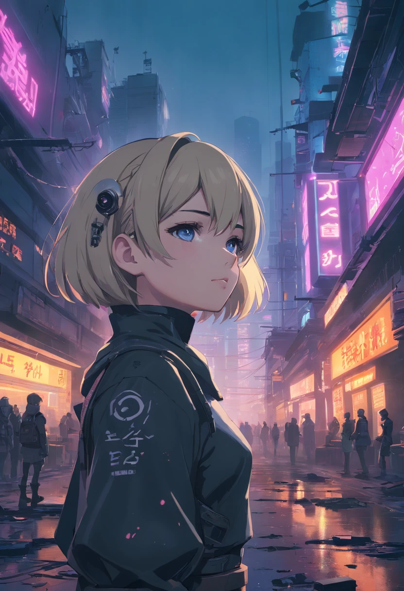 A detailed representation of Nier Automata's 2B, com seus belos olhos detalhados, lips and face, long eyelashes, as well as its elegant appearance, fierce expression, mas misteriosa, e roupa preta elegante. The scene takes place in a futuristic dystopian environment, with ruined buildings and rubble strewn around, giving a post-apocalyptic feel. Lighting is dramatic, with deep shadows and vibrant neon lights illuminating the scene. The image quality is of the highest standard, with ultra-detailed textures and realistic rendering, showing every intricate detail of the 2B's appearance. The color palette is predominantly dark, with a mix of cool tones to enhance the cyberpunk aesthetic. O estilo de arte lembra a arte conceitual, capturing the essence of the game's unique atmosphere and style.