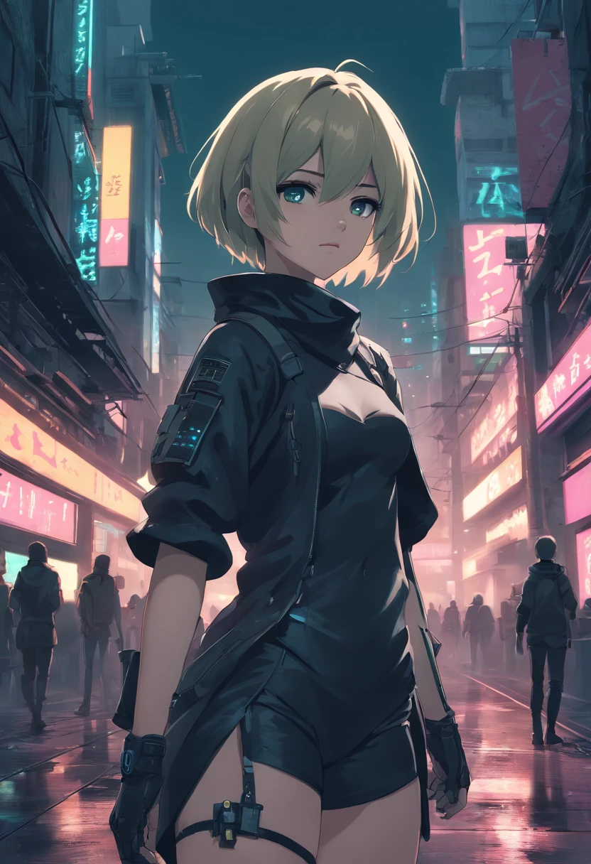 A detailed representation of Nier Automata's 2B, com seus belos olhos detalhados, lips and face, long eyelashes, as well as its elegant appearance, fierce expression, mas misteriosa, e roupa preta elegante. The scene takes place in a futuristic dystopian environment, with ruined buildings and rubble strewn around, giving a post-apocalyptic feel. Lighting is dramatic, with deep shadows and vibrant neon lights illuminating the scene. The image quality is of the highest standard, with ultra-detailed textures and realistic rendering, showing every intricate detail of the 2B's appearance. The color palette is predominantly dark, with a mix of cool tones to enhance the cyberpunk aesthetic. O estilo de arte lembra a arte conceitual, capturing the essence of the game's unique atmosphere and style.