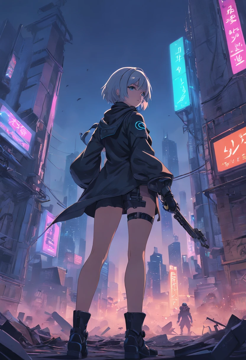 A detailed representation of Nier Automata's 2B, com seus belos olhos detalhados, lips and face, long eyelashes, as well as its elegant appearance, fierce expression, mas misteriosa, e roupa preta elegante. The scene takes place in a futuristic dystopian environment, with ruined buildings and rubble strewn around, giving a post-apocalyptic feel. Lighting is dramatic, with deep shadows and vibrant neon lights illuminating the scene. The image quality is of the highest standard, with ultra-detailed textures and realistic rendering, showing every intricate detail of the 2B's appearance. The color palette is predominantly dark, with a mix of cool tones to enhance the cyberpunk aesthetic. O estilo de arte lembra a arte conceitual, capturing the essence of the game's unique atmosphere and style.