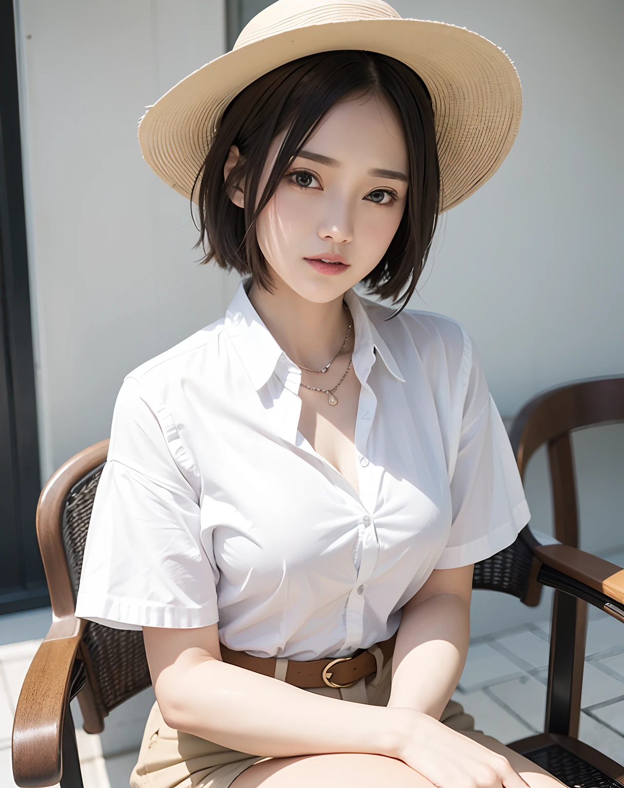Summer barbecue、Woman sitting on chair wearing hat, fine white shirt, wearing a white button up shirt, in a white shirt, in a white shirt, Wearing a white shirt, wearing in shirt, Wearing a light shirt, digital art of an elegant, Wearing a blouse, wearing elegant casual clothes, Wearing a white blouse, White shirt、Denim miniskirt、Small bust、short-hair、a necklace、耳Nipple Ring