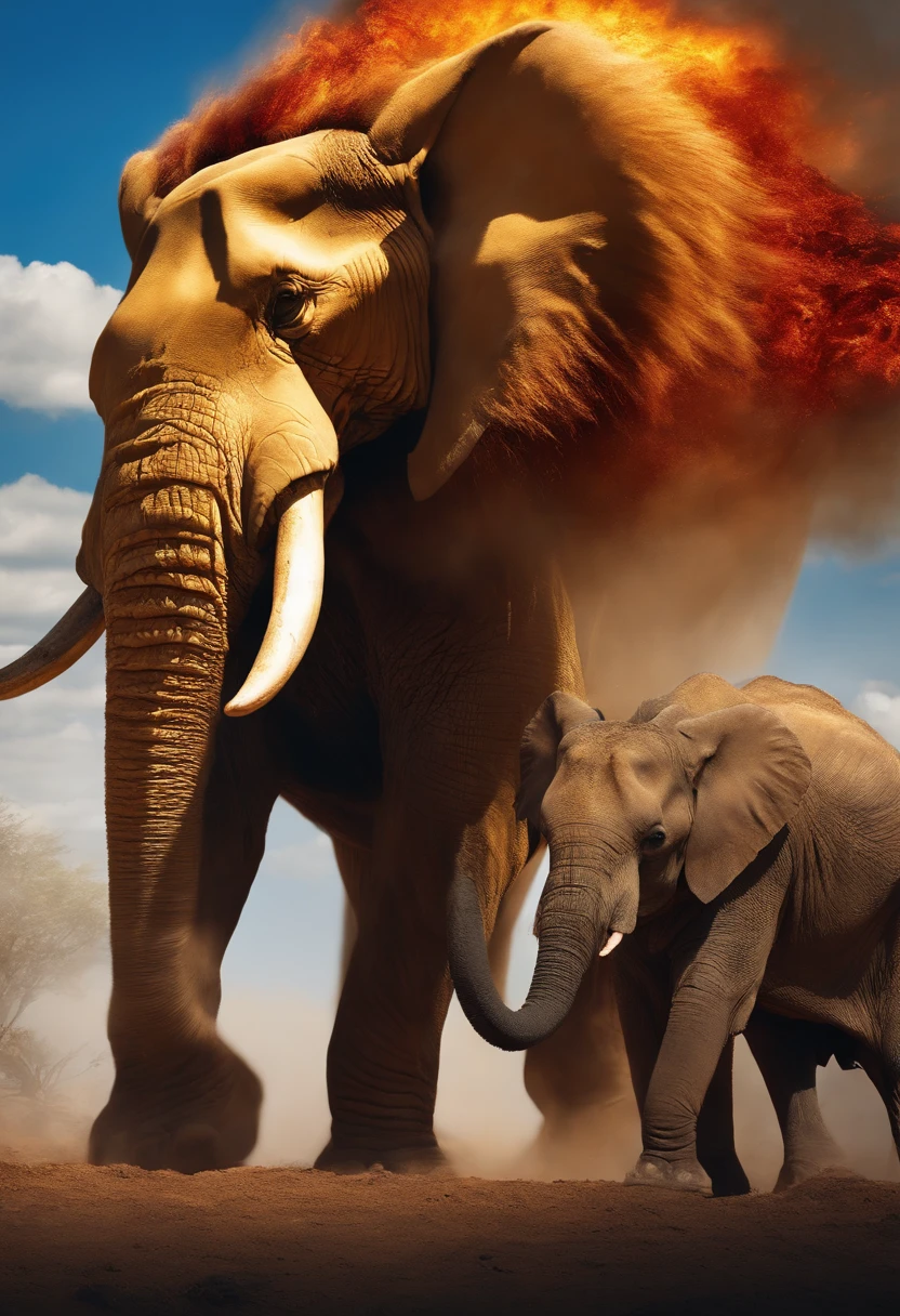 Golden lion with paw on the neck of an elephant to kill with blue skies and falling fire from the sky
