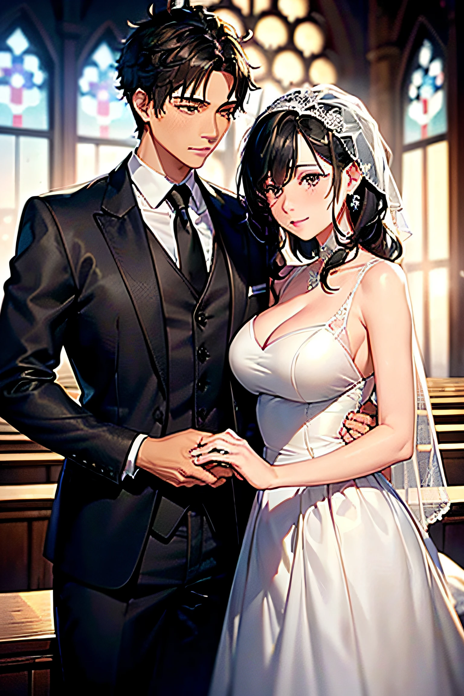 masterpiece, best quality, high detail, ultra detail, Uhd, 4k, 4280x2240, depth field, (hdr:1.9), correct anatomy, a boy masculine with short hair black hair abundant brown eyes with complete Groom Wedding Suit For Gentleman Suit And Palto Flu Pants outfit and a girl with shoulder lenght hair messy hair curly hair wavy hair (((black hair))) with black eyes wearning in Wedding Dress, Dreamed Wedding Dress. Love. holding hands watching the sunset sunrise of the new year while kissing at church wedding with wedding rings on the finger boy and wedding rings on the finger girl and smile