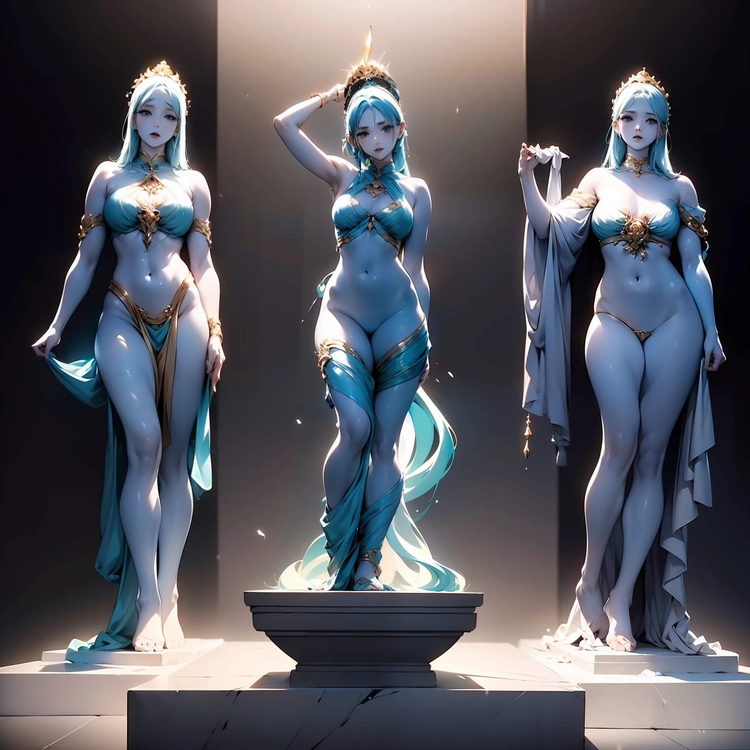 Three Water Dancers(femele)Marble statue of、Long well-proportioned limbs、Luxurious costumes、Plain black background、spot light、highcontrast、masterpiece、top-quality、Top image quality、cinematlic lighting、photoRealstic