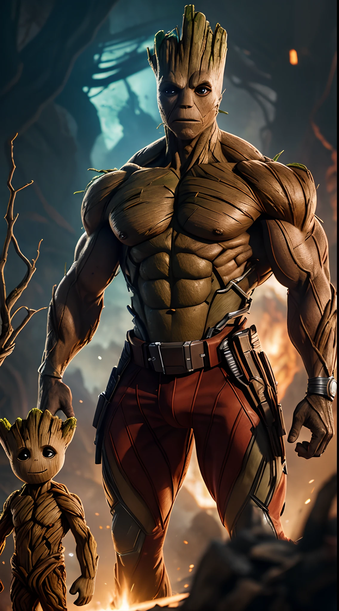 Groot guardians of the galaxy Marvel, Bodybuilder, super strong, muscular, ABS, 35mm lens, photography, ultra details, HDR, UHD,8K