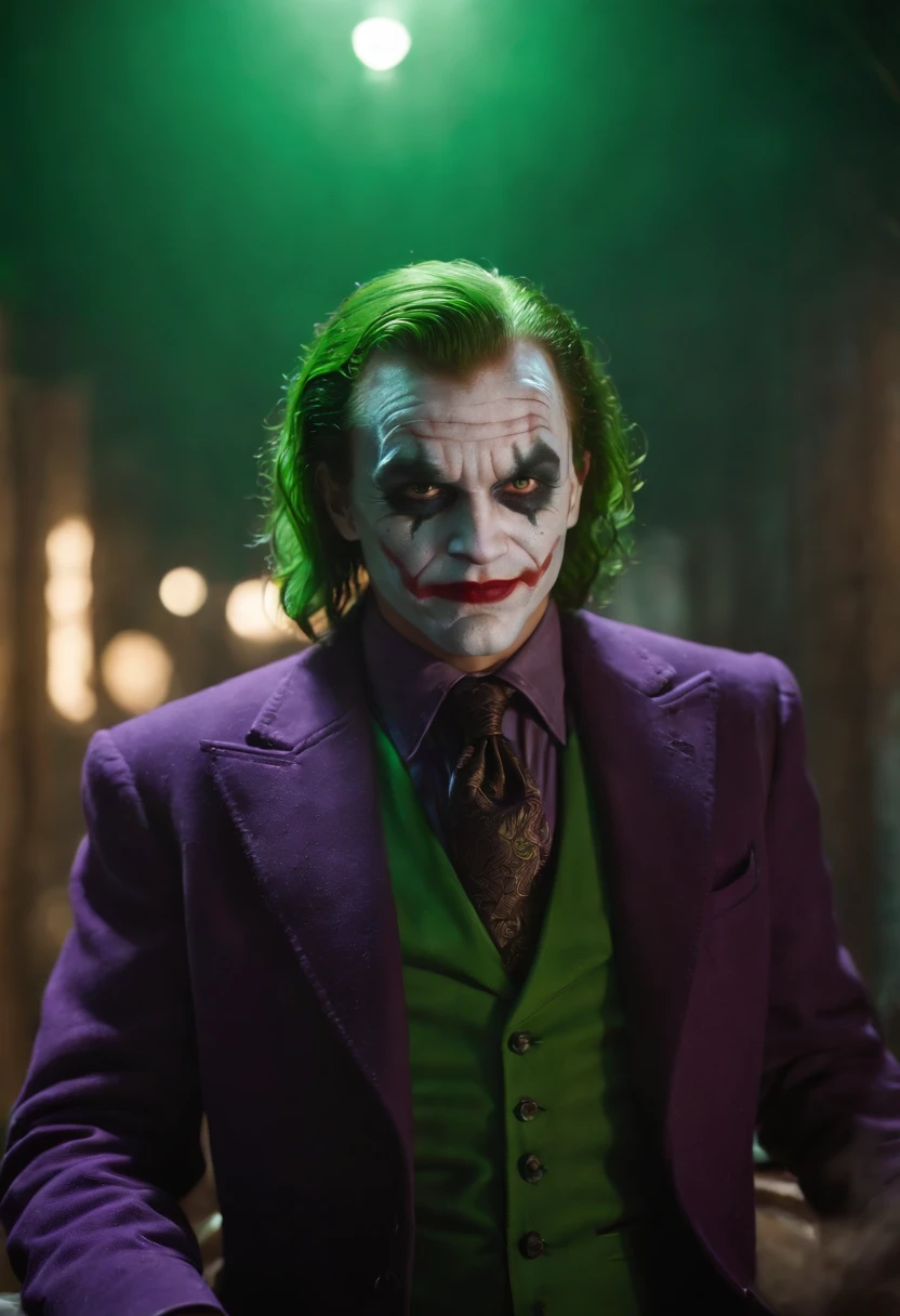 The Dark Joker with Green Evil Light eyes and lighting green thunder Dc , scary, Classic Academia, Flexography, ultra wide-angle, Game engine rendering, Grainy, Collage, analogous colors, Meatcore, infrared lighting, Super detailed, photorealistic, food photography, Cycles render, 4k