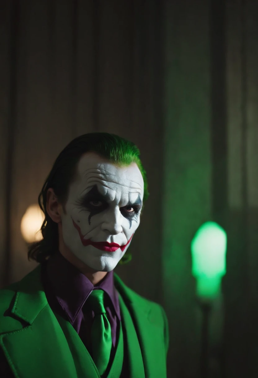 The Dark Joker with Green Evil Light eyes and lighting green thunder Dc , scary, Classic Academia, Flexography, ultra wide-angle, Game engine rendering, Grainy, Collage, analogous colors, Meatcore, infrared lighting, Super detailed, photorealistic, food photography, Cycles render, 4k
