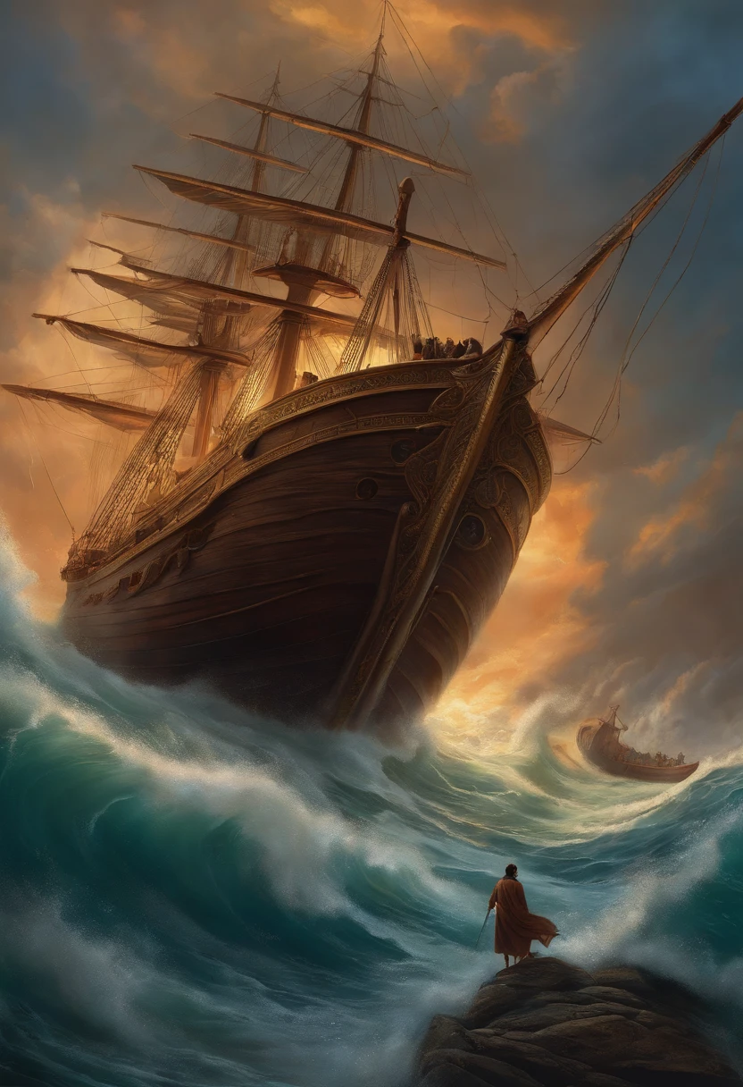 Create an illustration that depicts the scene in which Jonah boards the ship to Tarshish while fleeing God's will.