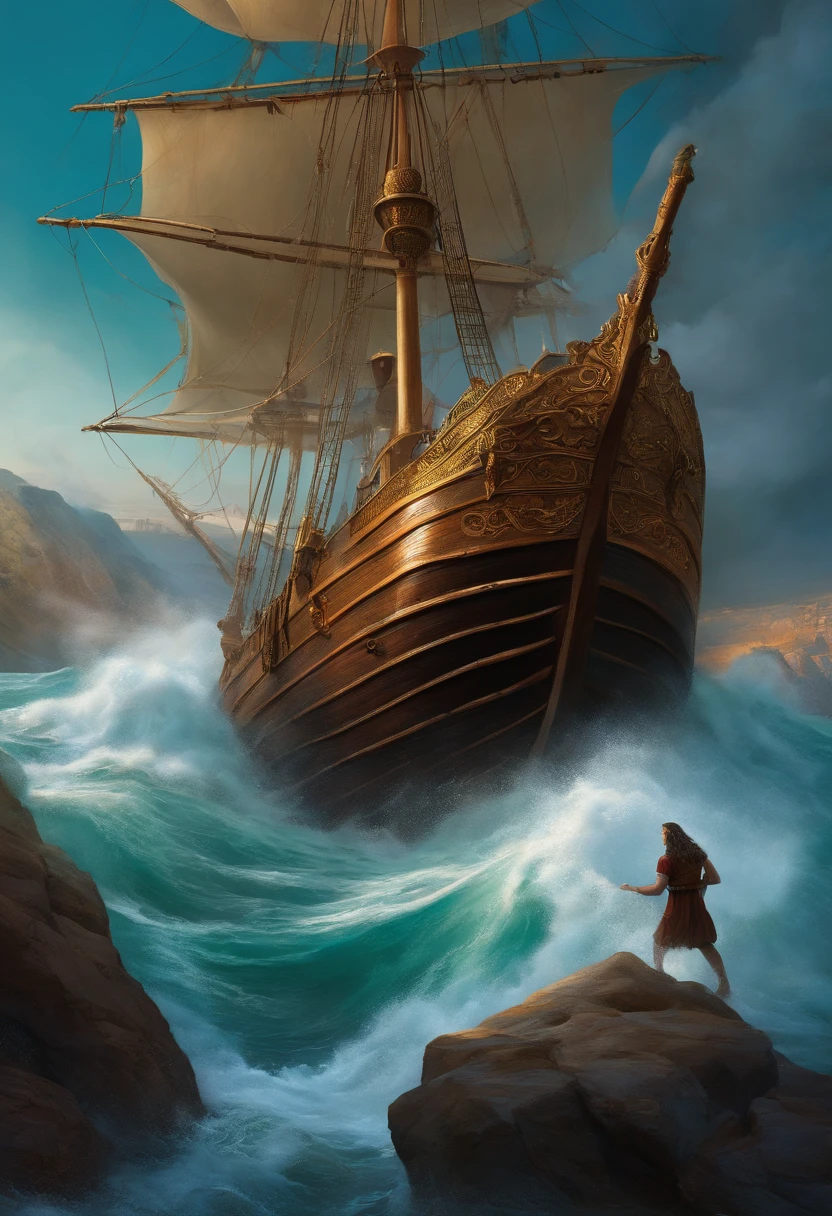 Create an illustration that depicts the scene in which Jonah boards the ship to Tarshish while fleeing God's will.